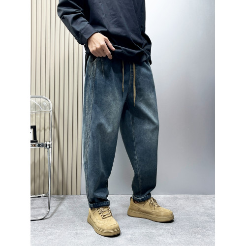 男款微喇牛仔褲冬季加絨休閒小直筒寬鬆復古痞帥藍色做舊工裝褲男