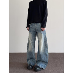 A PUEE美式高街cleanfit竹節做舊彎刀牛仔褲男直筒微喇廓形長褲子