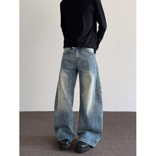 A PUEE美式高街cleanfit竹節做舊彎刀牛仔褲男直筒微喇廓形長褲子