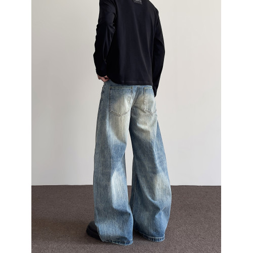 A PUEE美式高街cleanfit竹節做舊彎刀牛仔褲男直筒微喇廓形長褲子