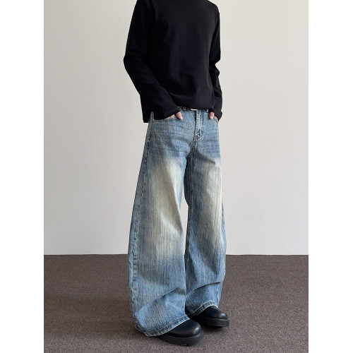 A PUEE美式高街cleanfit竹節做舊彎刀牛仔褲男直筒微喇廓形長褲子