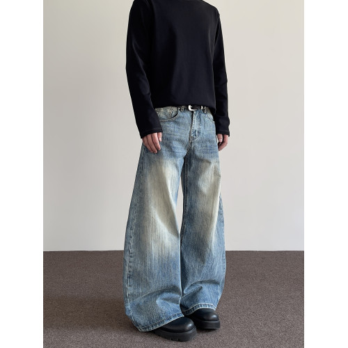 A PUEE美式高街cleanfit竹節做舊彎刀牛仔褲男直筒微喇廓形長褲子