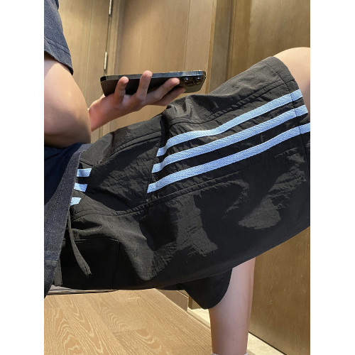 美式撞色條紋速乾短褲男夏季薄款透氣五分褲高街痞帥運動風沙灘褲