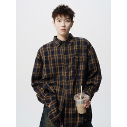 潮牌撞色格子襯衣男冬美式街頭休閒長袖襯衫復古oversize情侶上衣