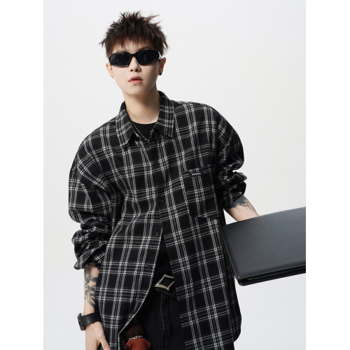 潮牌撞色格子襯衣男冬美式街頭休閒長袖襯衫復古oversize情侶上衣