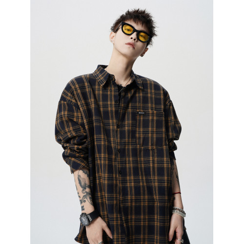 潮牌撞色格子襯衣男冬美式街頭休閒長袖襯衫復古oversize情侶上衣