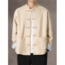 新中式秋冬麂皮絨盤釦唐裝外套復古寬鬆大碼金屬釦茶服中山裝夾克