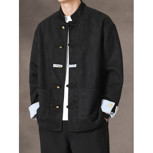 新中式秋冬麂皮絨盤釦唐裝外套復古寬鬆大碼金屬釦茶服中山裝夾克