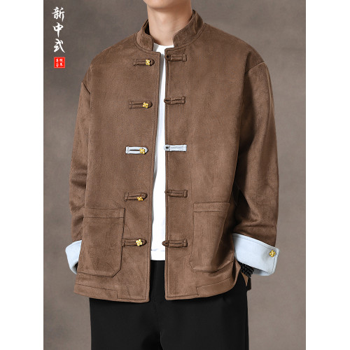 新中式秋冬麂皮絨盤釦唐裝外套復古寬鬆大碼金屬釦茶服中山裝夾克