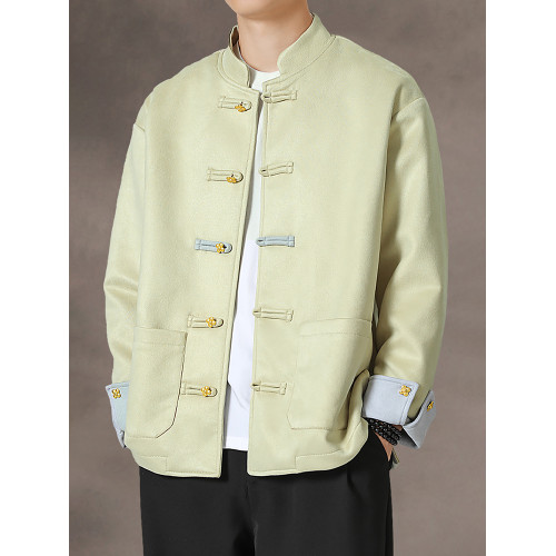 新中式秋冬麂皮絨盤釦唐裝外套復古寬鬆大碼金屬釦茶服中山裝夾克