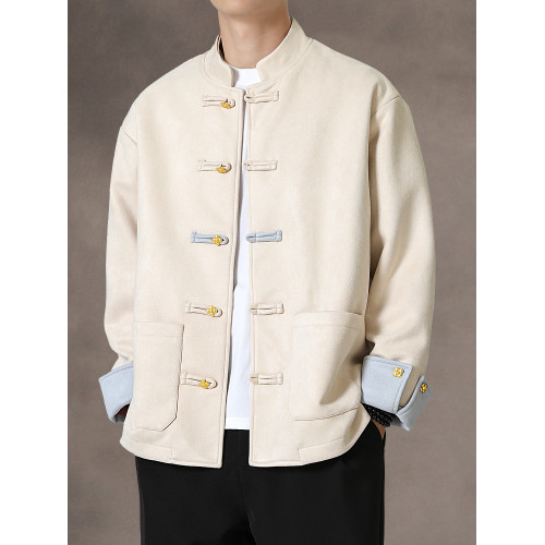 新中式秋冬麂皮絨盤釦唐裝外套復古寬鬆大碼金屬釦茶服中山裝夾克