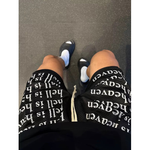 hell is heaven美式字母滿印抽繩四分短褲男夏網眼籃球運動健身褲