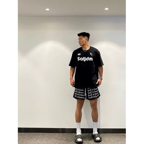 hell is heaven美式字母滿印抽繩四分短褲男夏網眼籃球運動健身褲