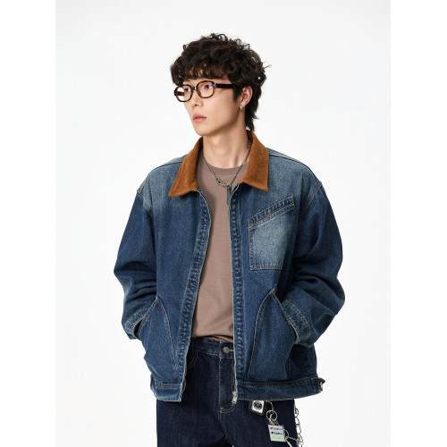 CEGFFH復古拼接風牛仔外套男寬鬆繙領夾克青年春秋長袖外套