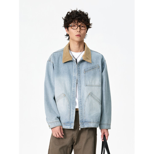 CEGFFH復古拼接風牛仔外套男寬鬆繙領夾克青年春秋長袖外套