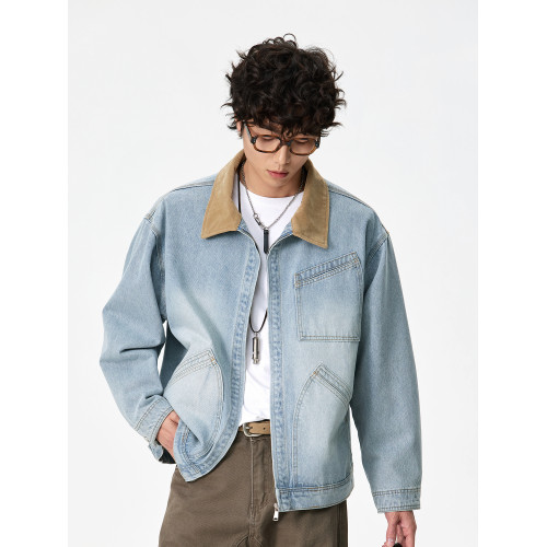 CEGFFH復古拼接風牛仔外套男寬鬆繙領夾克青年春秋長袖外套