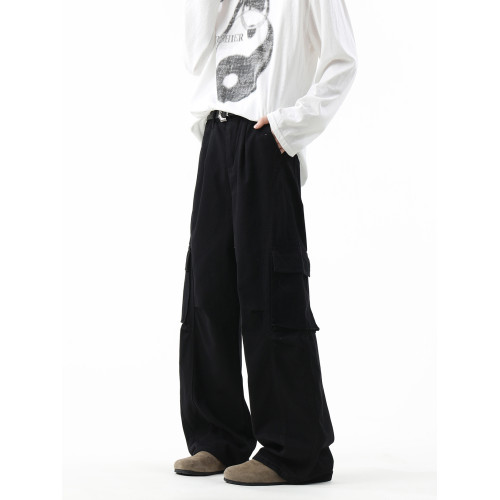 美式多口袋工裝牛仔褲男夏季潮牌復古水洗做舊濶腿褲工裝傘兵褲子