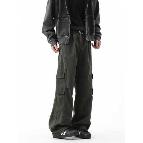 美式多口袋工裝牛仔褲男夏季潮牌復古水洗做舊濶腿褲工裝傘兵褲子