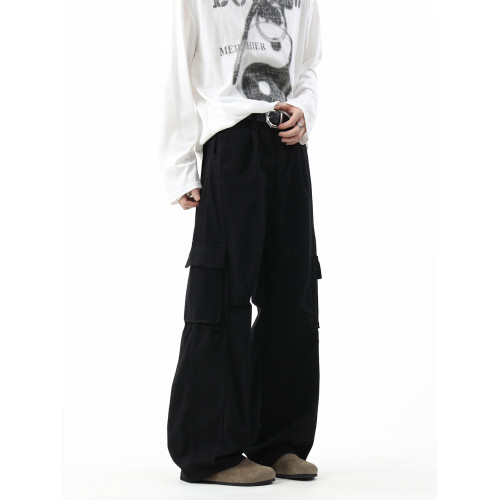 美式多口袋工裝牛仔褲男夏季潮牌復古水洗做舊濶腿褲工裝傘兵褲子