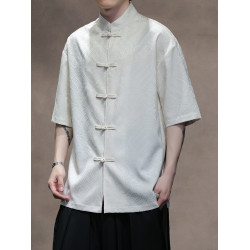 新中式夏季薄款透氣盤釦唐裝短袖襯衫休閒暗紋提花祥雲中山裝半袖