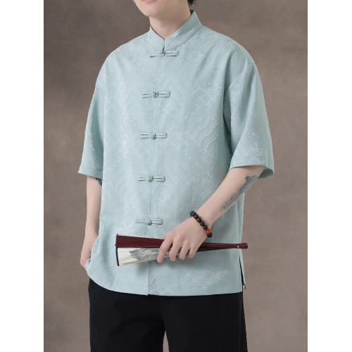 新中式夏季薄款透氣盤釦唐裝短袖襯衫休閒暗紋提花祥雲中山裝半袖