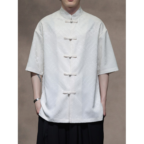 新中式夏季薄款透氣盤釦唐裝短袖襯衫休閒暗紋提花祥雲中山裝半袖