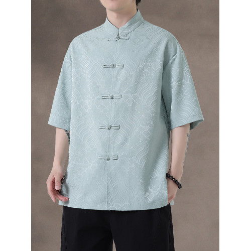 新中式夏季薄款透氣盤釦唐裝短袖襯衫休閒暗紋提花祥雲中山裝半袖