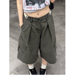 美式復古可調節腰圍工裝七分褲男女寬鬆百搭多口袋cleanfit短褲