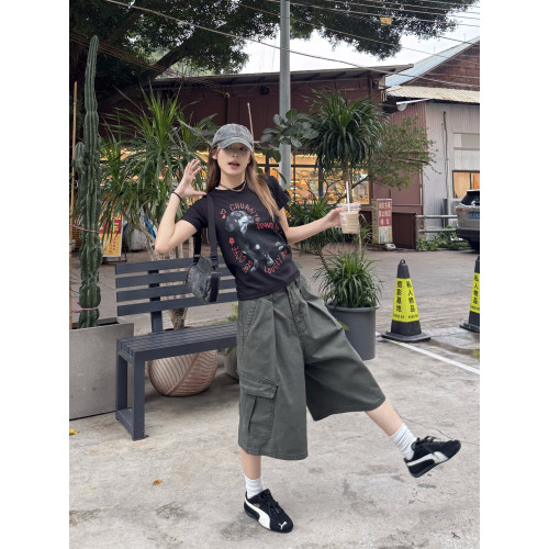 美式復古可調節腰圍工裝七分褲男女寬鬆百搭多口袋cleanfit短褲