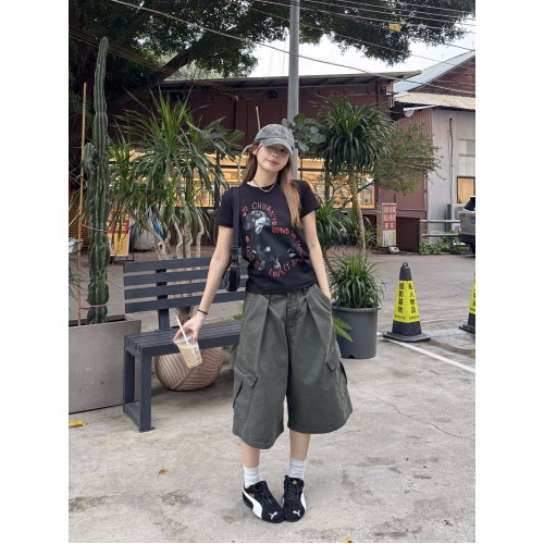 美式復古可調節腰圍工裝七分褲男女寬鬆百搭多口袋cleanfit短褲