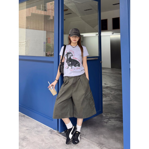 美式復古可調節腰圍工裝七分褲男女寬鬆百搭多口袋cleanfit短褲