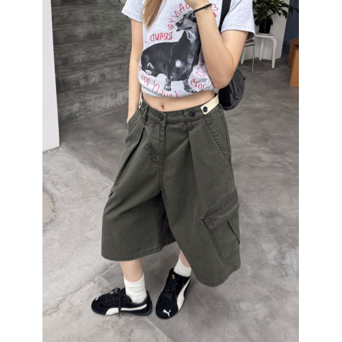 美式復古可調節腰圍工裝七分褲男女寬鬆百搭多口袋cleanfit短褲