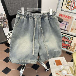 夏季水洗做舊牛仔短褲男美式街頭復古潮牌寬鬆休閒刺綉抽繩五分褲