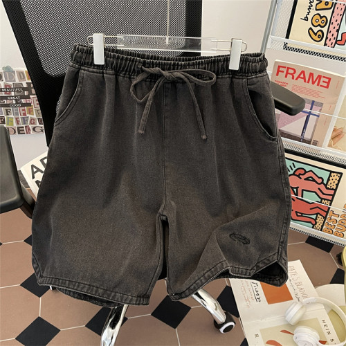 夏季水洗做舊牛仔短褲男美式街頭復古潮牌寬鬆休閒刺綉抽繩五分褲