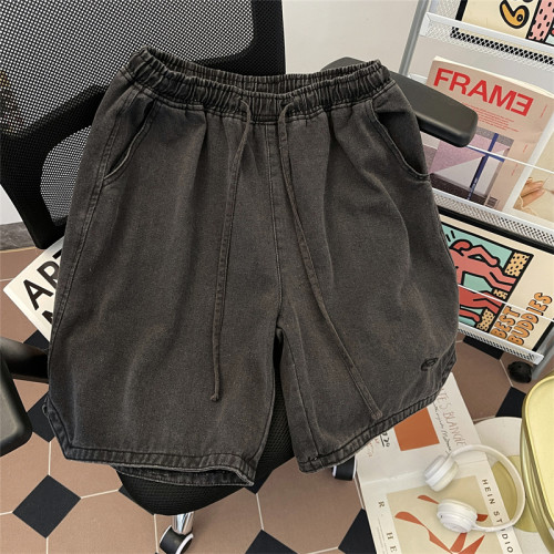 夏季水洗做舊牛仔短褲男美式街頭復古潮牌寬鬆休閒刺綉抽繩五分褲