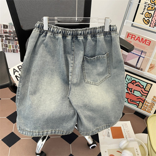 夏季水洗做舊牛仔短褲男美式街頭復古潮牌寬鬆休閒刺綉抽繩五分褲