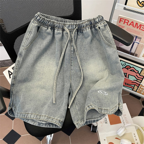 夏季水洗做舊牛仔短褲男美式街頭復古潮牌寬鬆休閒刺綉抽繩五分褲