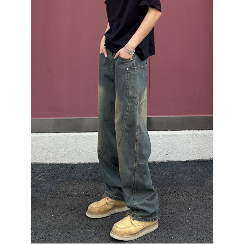 QUALCOMM潮流彎刀牛仔褲男2025秋冬新款寬鬆濶腿褲美式復古長褲子