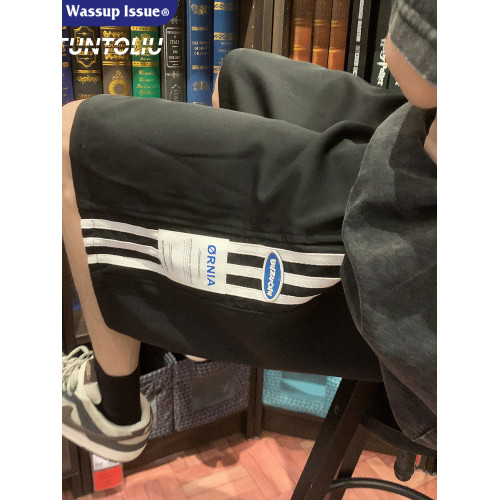 WASSUP ISSUE港風運動短褲男夏季潮牌薄速乾條紋濶腿休閒五分褲男