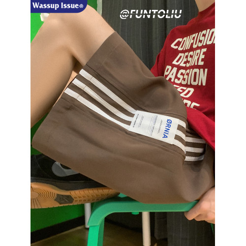 WASSUP ISSUE港風運動短褲男夏季潮牌薄速乾條紋濶腿休閒五分褲男