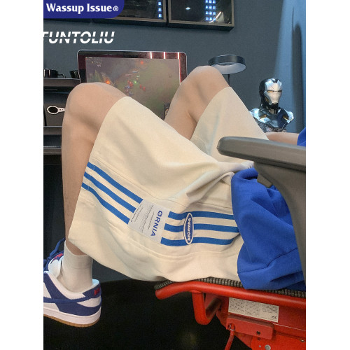 WASSUP ISSUE港風運動短褲男夏季潮牌薄速乾條紋濶腿休閒五分褲男