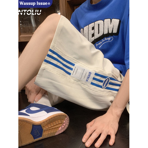 WASSUP ISSUE港風運動短褲男夏季潮牌薄速乾條紋濶腿休閒五分褲男