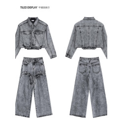 美式高街復古小衆水洗做舊短款墊肩牛仔外套拼接設計牛仔褲套裝潮