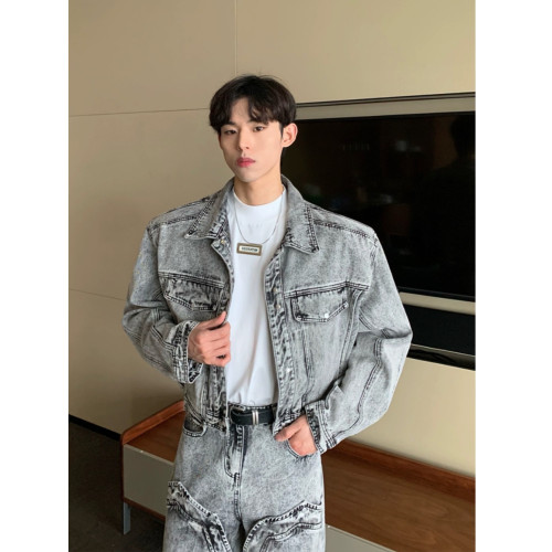 美式高街復古小衆水洗做舊短款墊肩牛仔外套拼接設計牛仔褲套裝潮