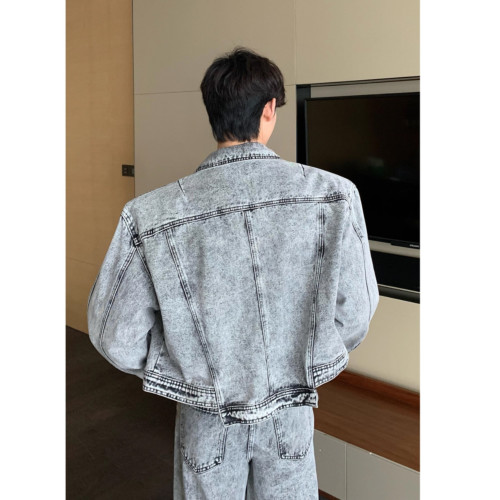 美式高街復古小衆水洗做舊短款墊肩牛仔外套拼接設計牛仔褲套裝潮