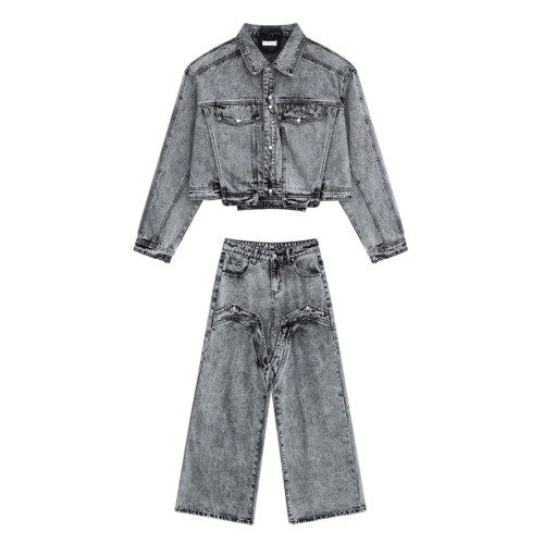 美式高街復古小衆水洗做舊短款墊肩牛仔外套拼接設計牛仔褲套裝潮