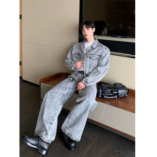 美式高街復古小衆水洗做舊短款墊肩牛仔外套拼接設計牛仔褲套裝潮