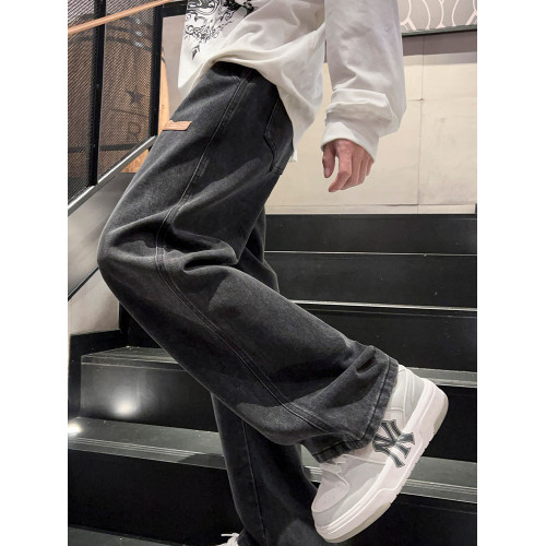 黑色牛仔褲男冬季加絨直筒寬鬆青少年長褲新款男生工裝褲子男秋季