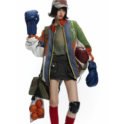 HETYY男女同款美式拼接撞色外套春秋新款立領夾克寬鬆小衆上衣潮