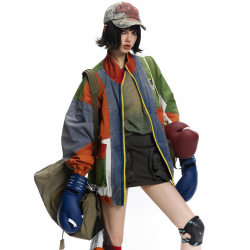 HETYY男女同款美式拼接撞色外套春秋新款立領夾克寬鬆小衆上衣潮